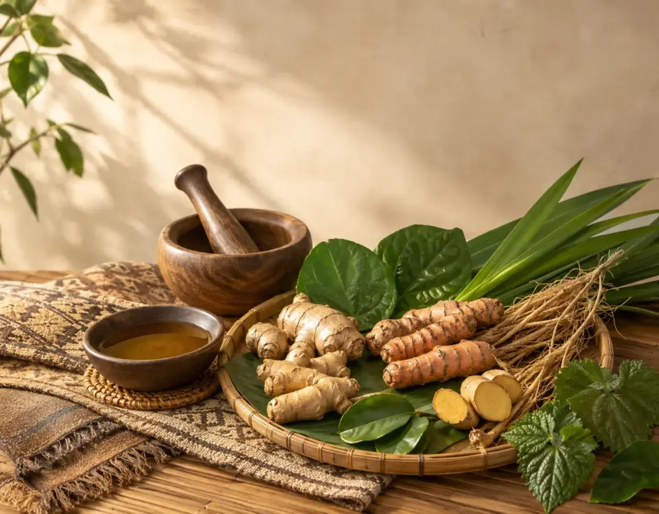 Akar dan daun herbal dalam ramuan perawatan tubuh tradisional bersama jahe, kunyit, daun sirih, pandan, dan akar wangi