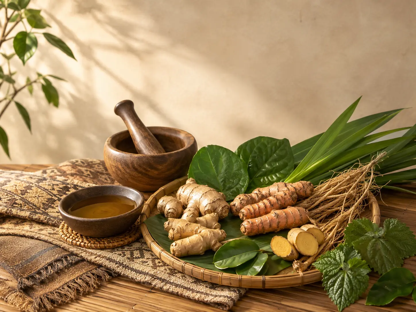 Akar dan daun herbal dalam ramuan perawatan tubuh tradisional bersama jahe, kunyit, daun sirih, pandan, dan akar wangi