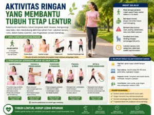 Aktivitas ringan yang membantu tubuh tetap lentur melalui jalan santai, peregangan bahu, tangan, punggung, pinggul, paha, dan betis