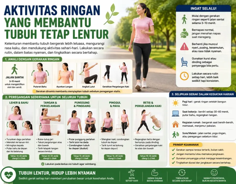 Aktivitas ringan yang membantu tubuh tetap lentur melalui jalan santai, peregangan bahu, tangan, punggung, pinggul, paha, dan betis
