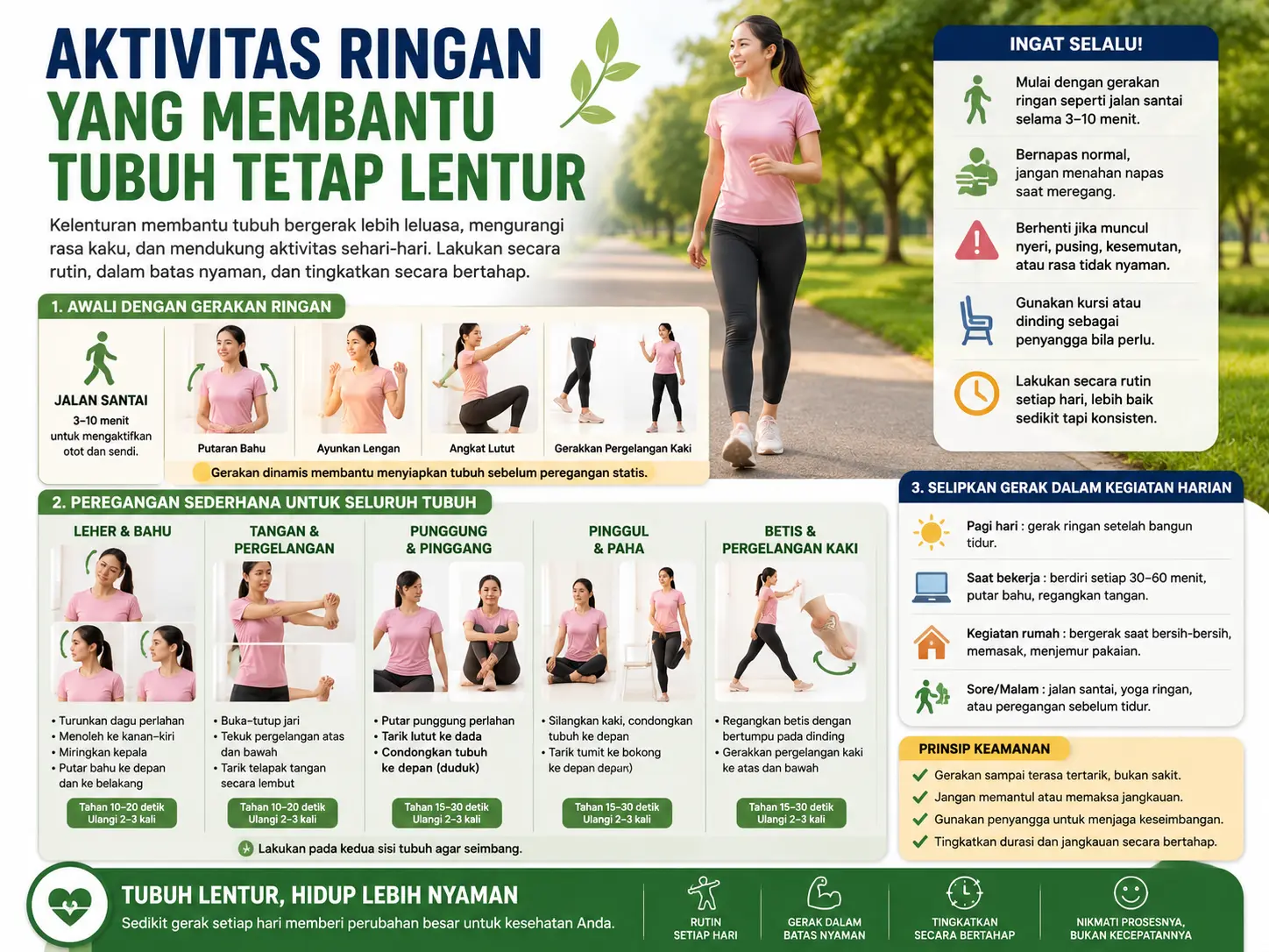 Aktivitas ringan yang membantu tubuh tetap lentur melalui jalan santai, peregangan bahu, tangan, punggung, pinggul, paha, dan betis