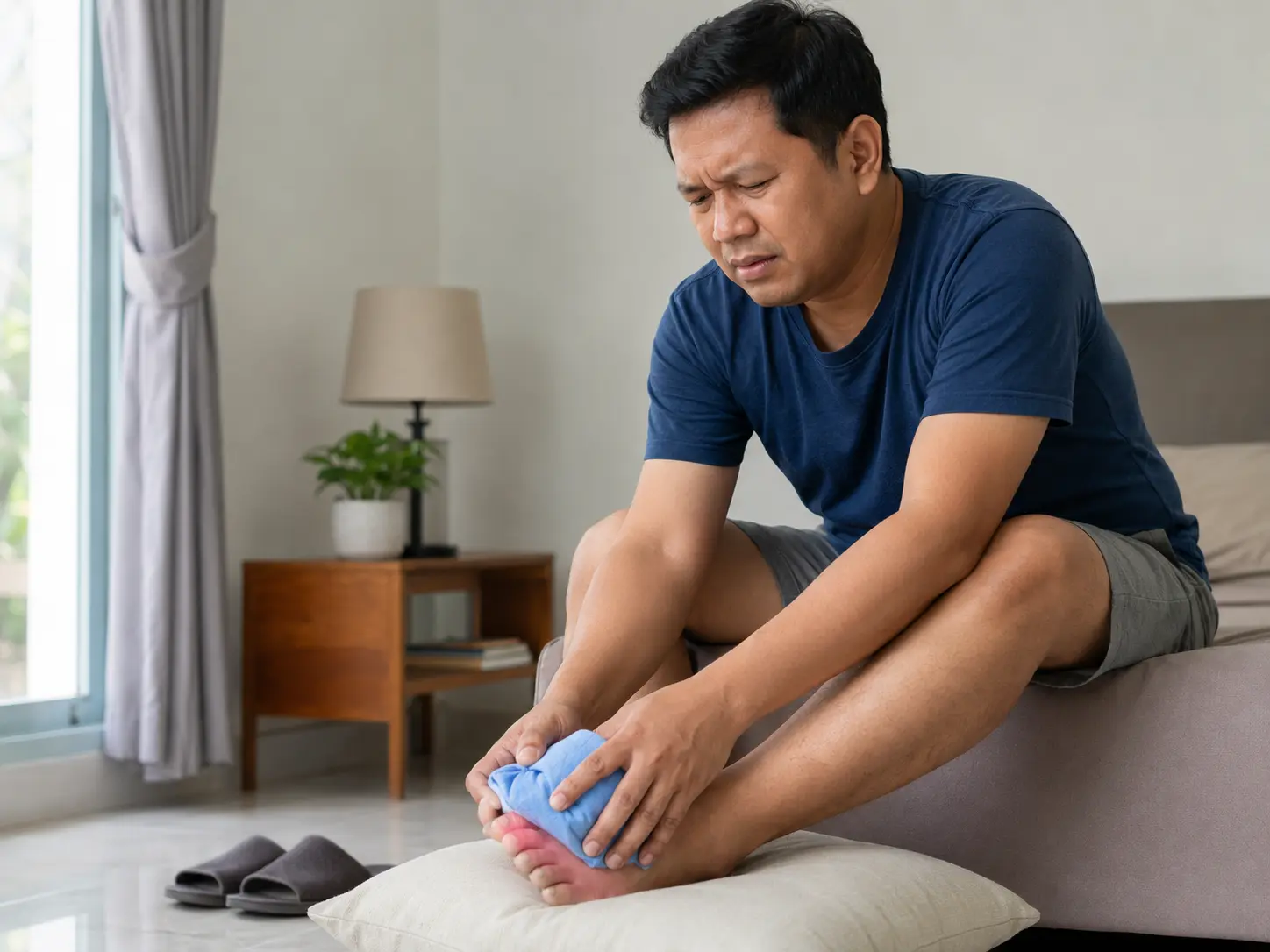 Pria mengompres jempol kaki yang merah dan bengkak saat asam urat kambuh