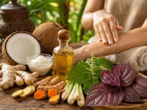 Bahan herbal lokal seperti kelapa, jahe, kunyit, sereh, daun nilam, dan sirih merah dengan minyak herbal untuk perawatan tubuh harian