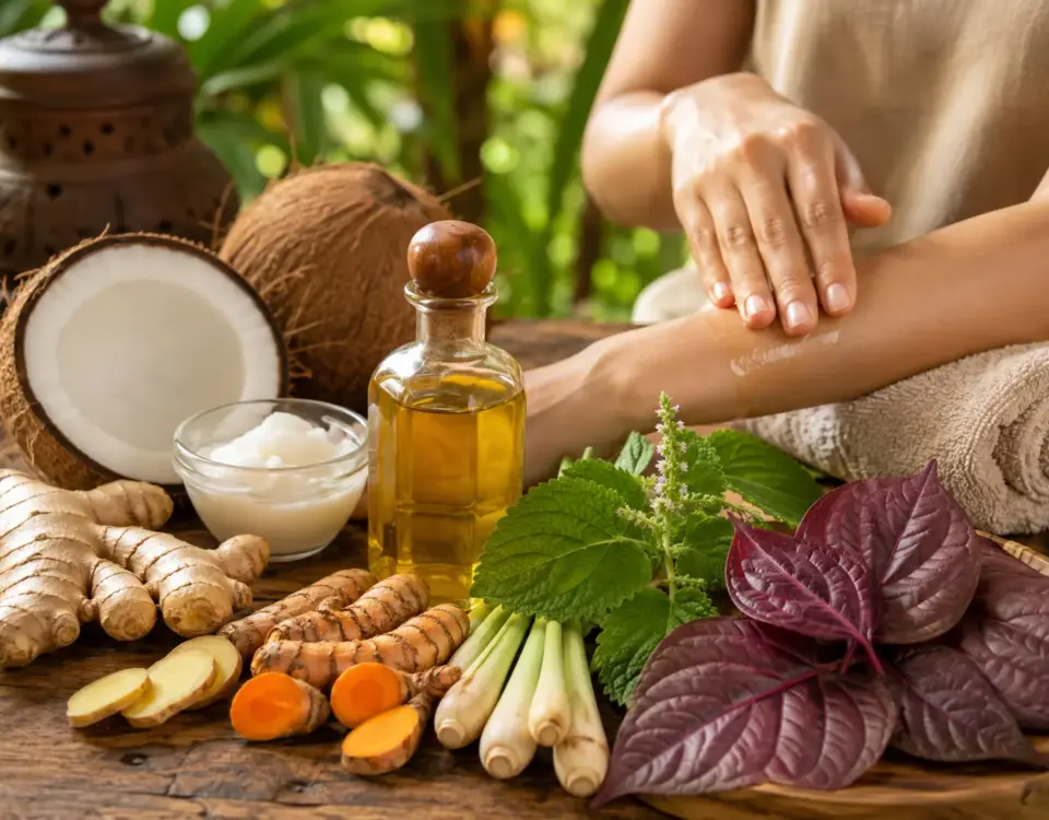 Bahan herbal lokal seperti kelapa, jahe, kunyit, sereh, daun nilam, dan sirih merah dengan minyak herbal untuk perawatan tubuh harian