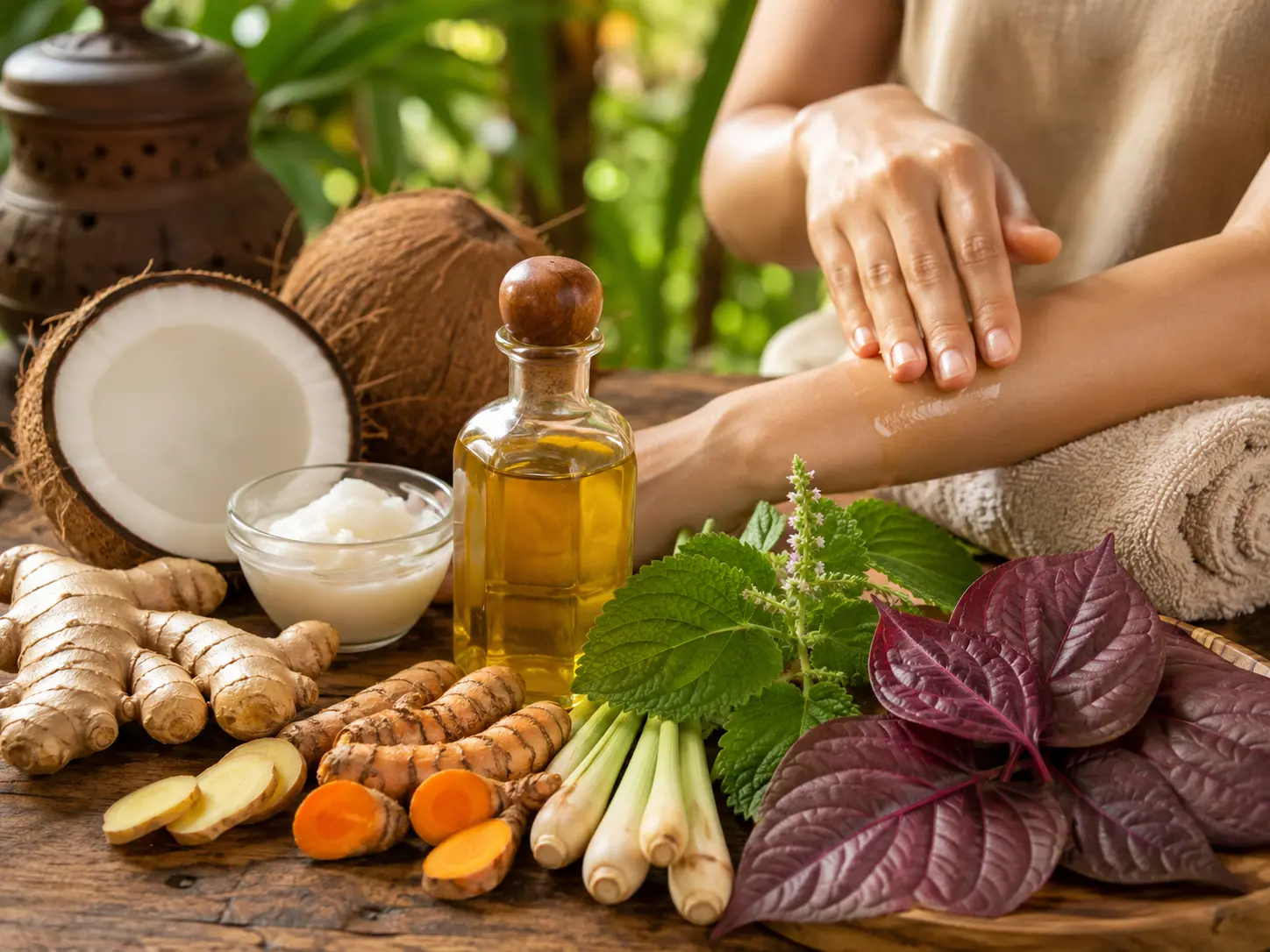 Bahan herbal lokal seperti kelapa, jahe, kunyit, sereh, daun nilam, dan sirih merah dengan minyak herbal untuk perawatan tubuh harian