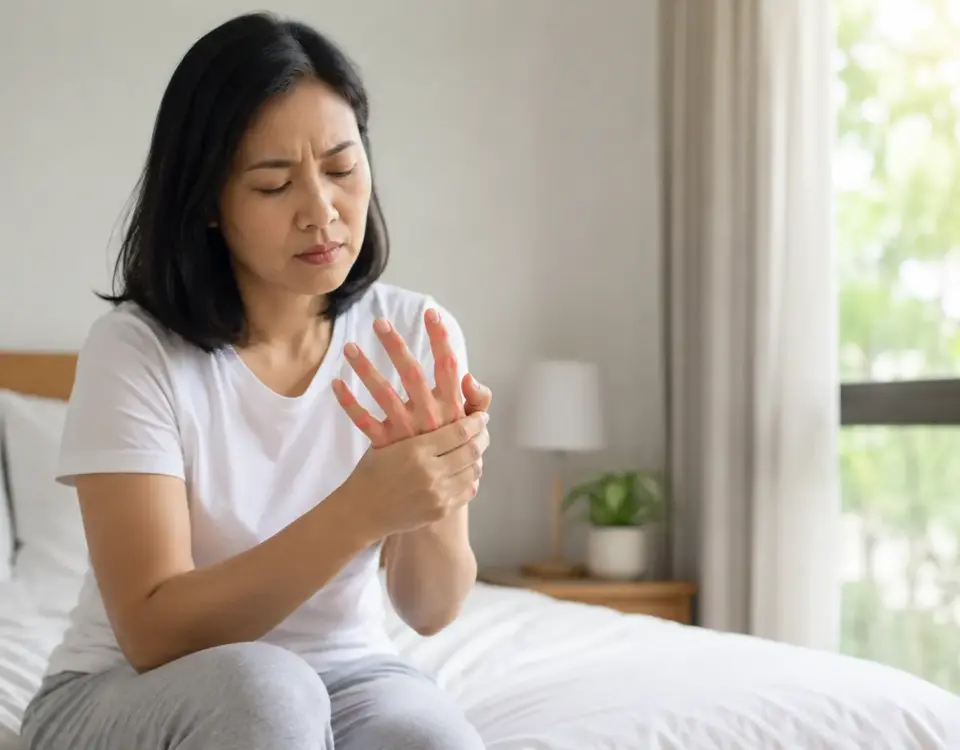 Wanita memegang jari tangan yang kaku dan nyeri saat bangun tidur sebagai ilustrasi gejala rematik