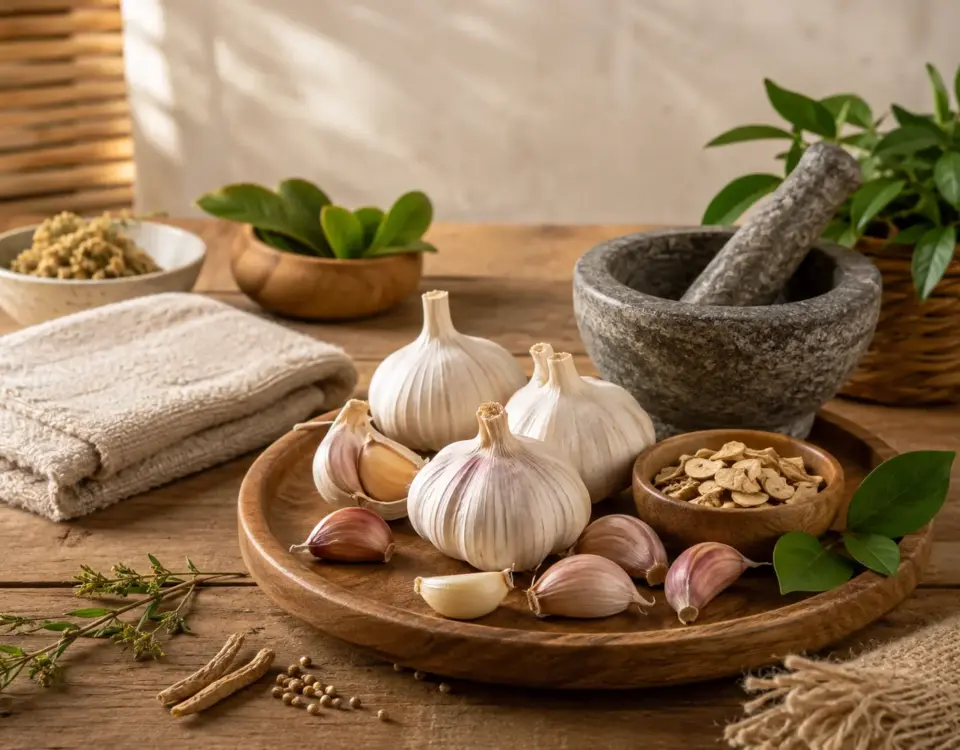 Bawang putih dalam tradisi herbal untuk perawatan tubuh bersama rempah kering dan alat tumbuk tradisional