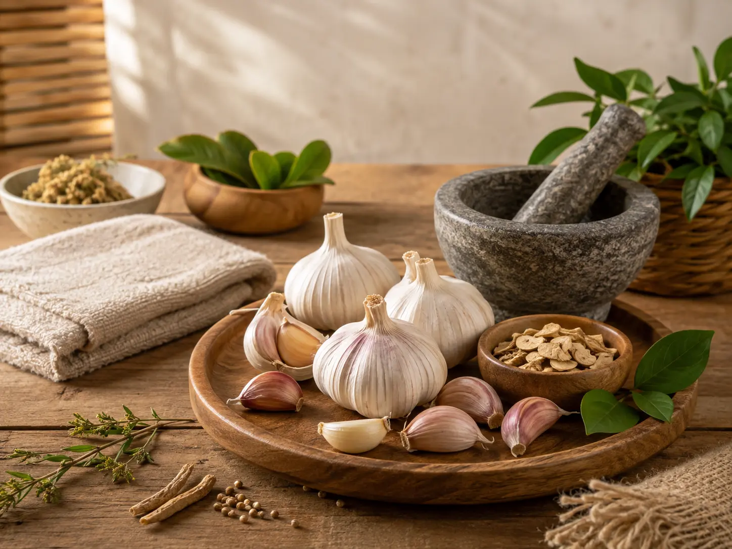 Bawang putih dalam tradisi herbal untuk perawatan tubuh bersama rempah kering dan alat tumbuk tradisional