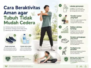 Cara beraktivitas aman agar tubuh tidak mudah cedera melalui pemanasan, postur yang tepat, peningkatan aktivitas bertahap, perlengkapan sesuai, dan pemulihan