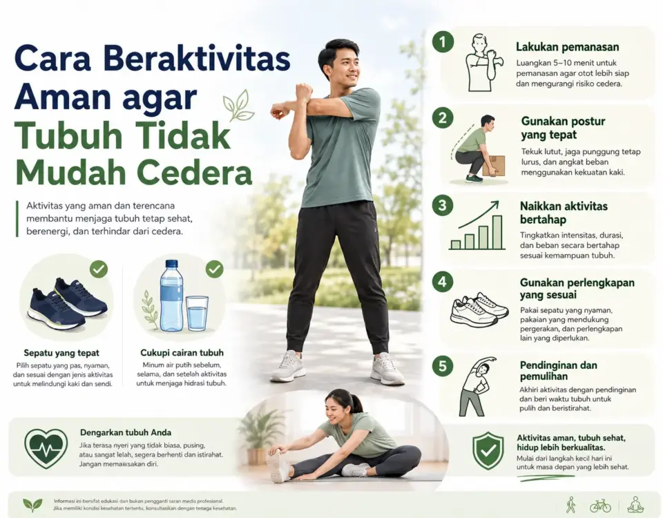 Cara beraktivitas aman agar tubuh tidak mudah cedera melalui pemanasan, postur yang tepat, peningkatan aktivitas bertahap, perlengkapan sesuai, dan pemulihan