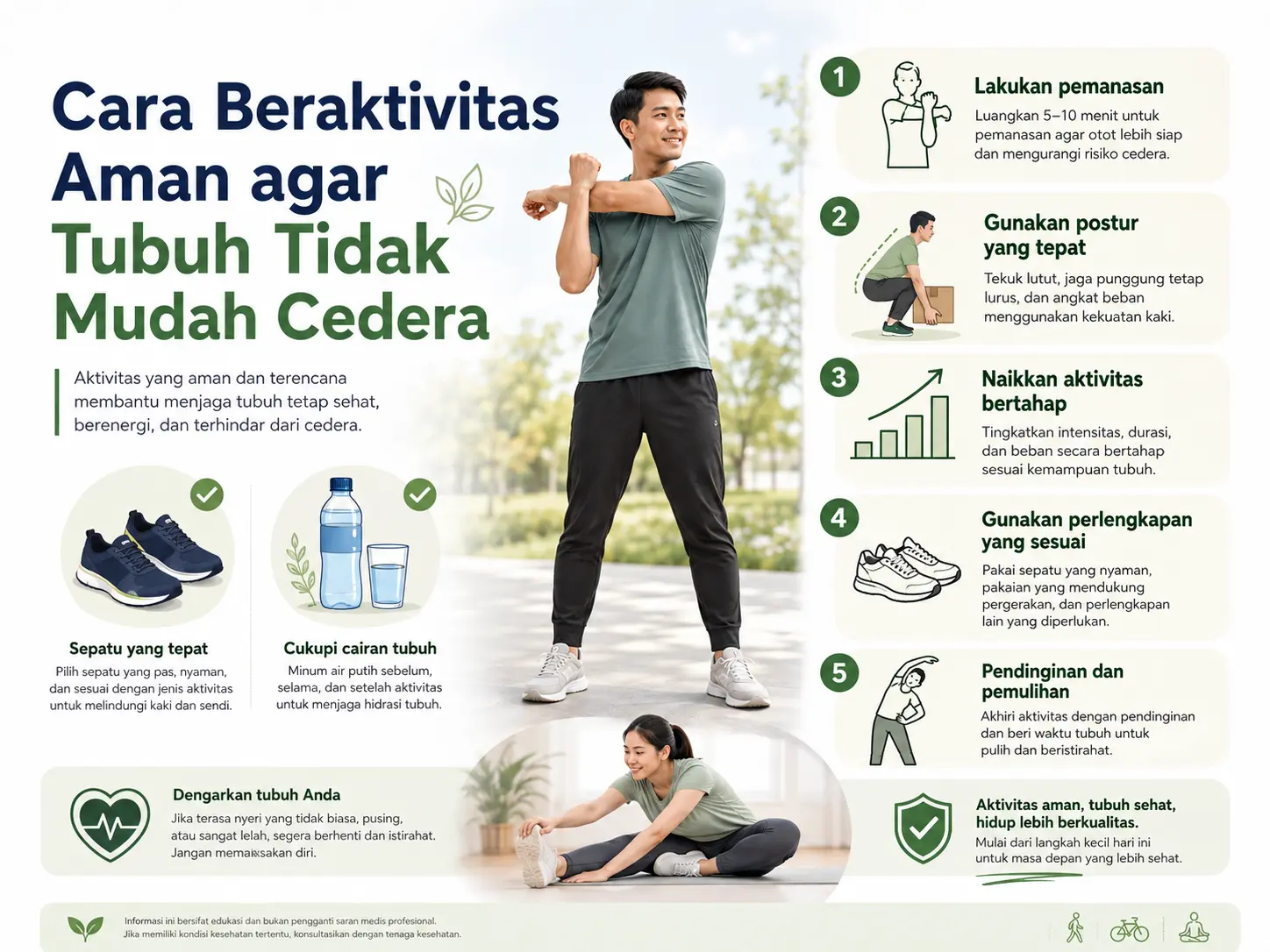 Cara beraktivitas aman agar tubuh tidak mudah cedera melalui pemanasan, postur yang tepat, peningkatan aktivitas bertahap, perlengkapan sesuai, dan pemulihan