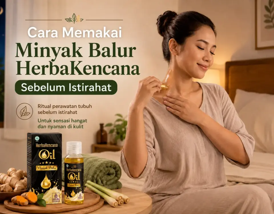 Wanita memakai Minyak Balur HerbaKencana pada area leher sebelum istirahat sebagai perawatan luar