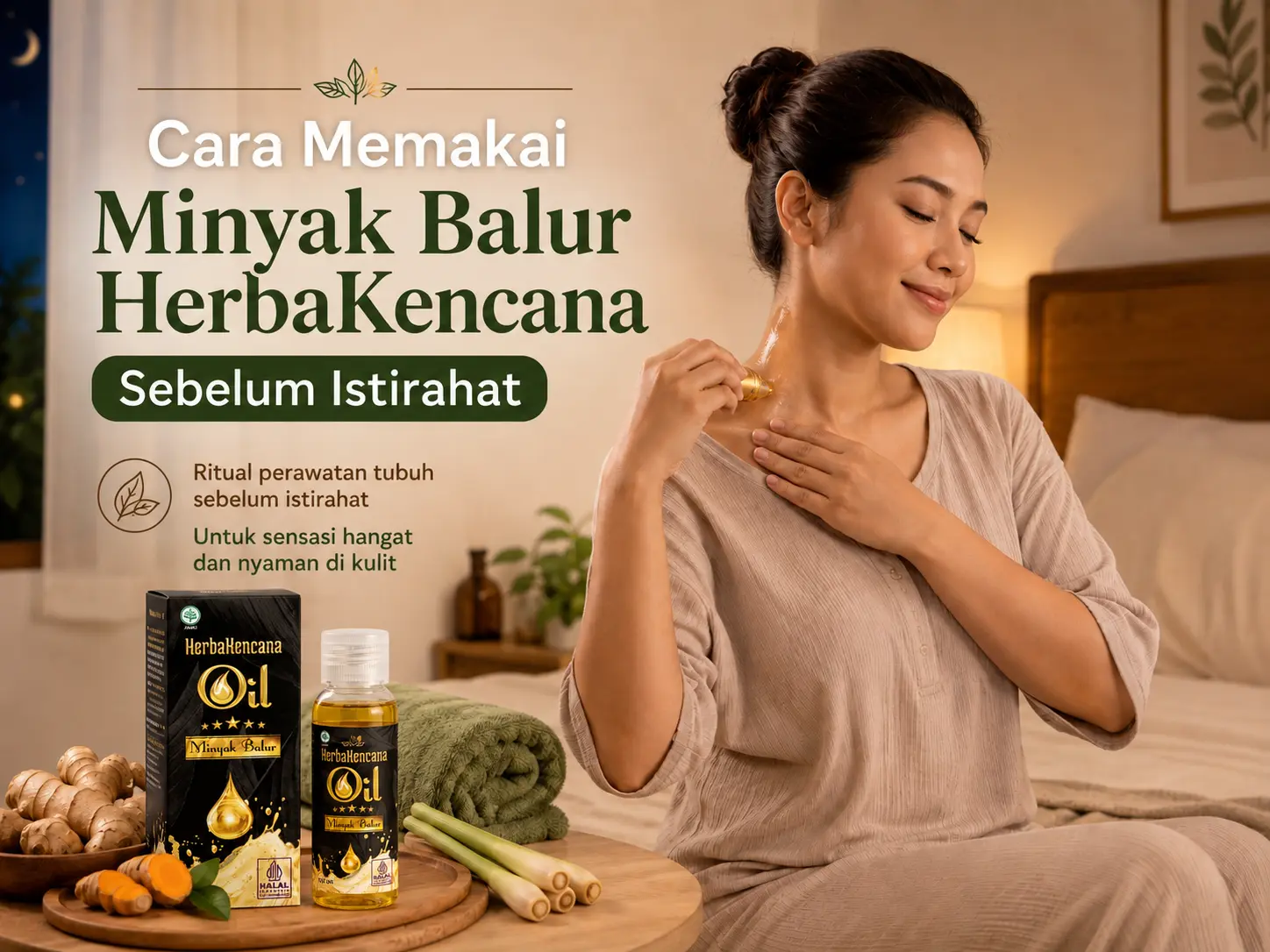 Wanita memakai Minyak Balur HerbaKencana pada area leher sebelum istirahat sebagai perawatan luar