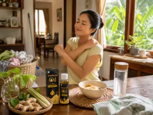 Ibu rumah tangga melakukan peregangan ringan setelah aktivitas rumah dengan sarapan sehat, air minum, bahan herbal, dan Minyak Balur HerbaKencana