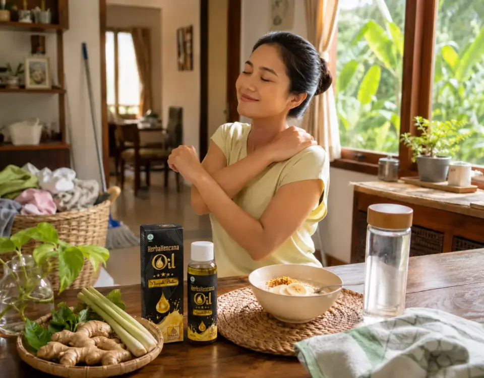 Ibu rumah tangga melakukan peregangan ringan setelah aktivitas rumah dengan sarapan sehat, air minum, bahan herbal, dan Minyak Balur HerbaKencana