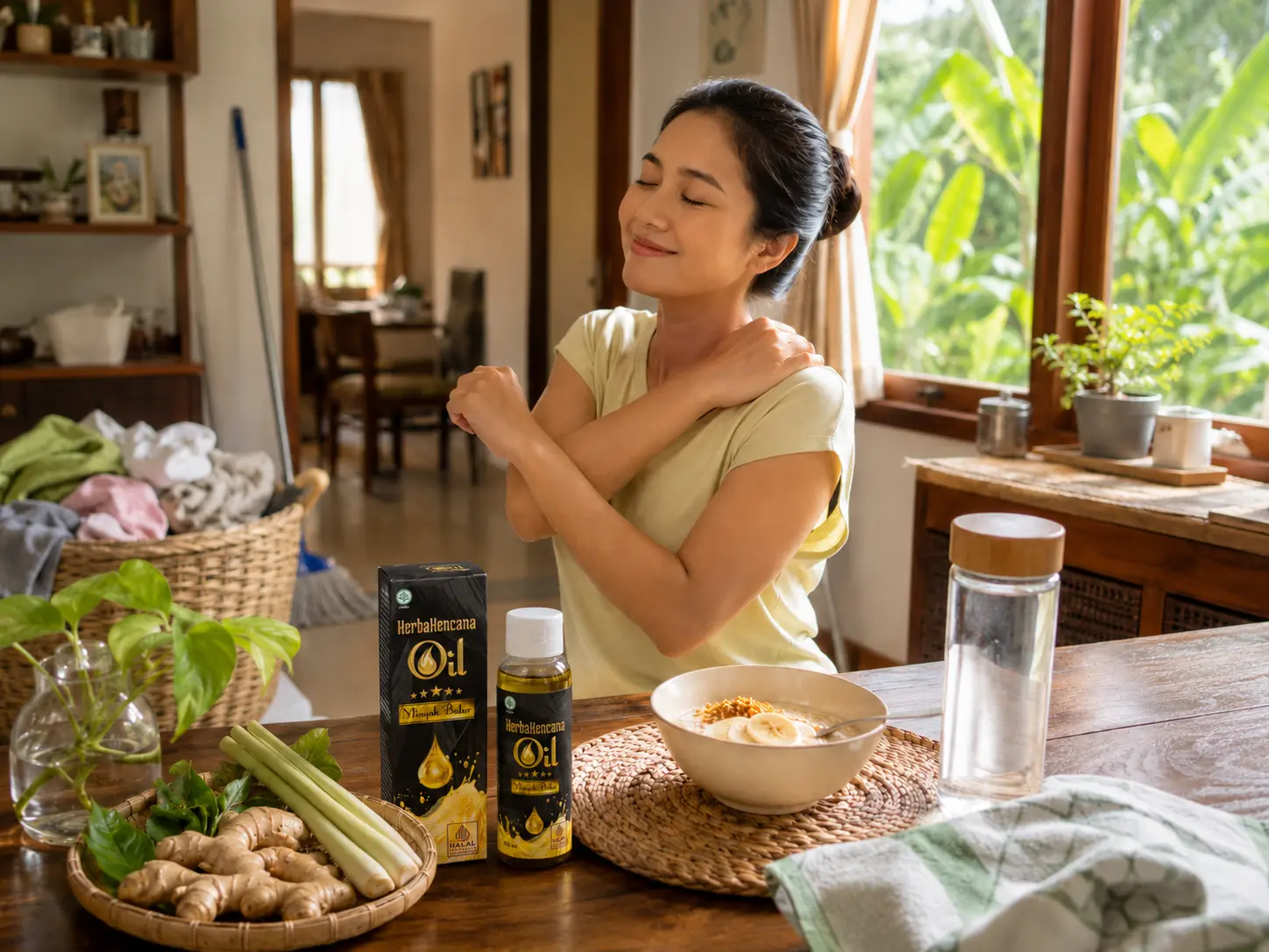 Ibu rumah tangga melakukan peregangan ringan setelah aktivitas rumah dengan sarapan sehat, air minum, bahan herbal, dan Minyak Balur HerbaKencana