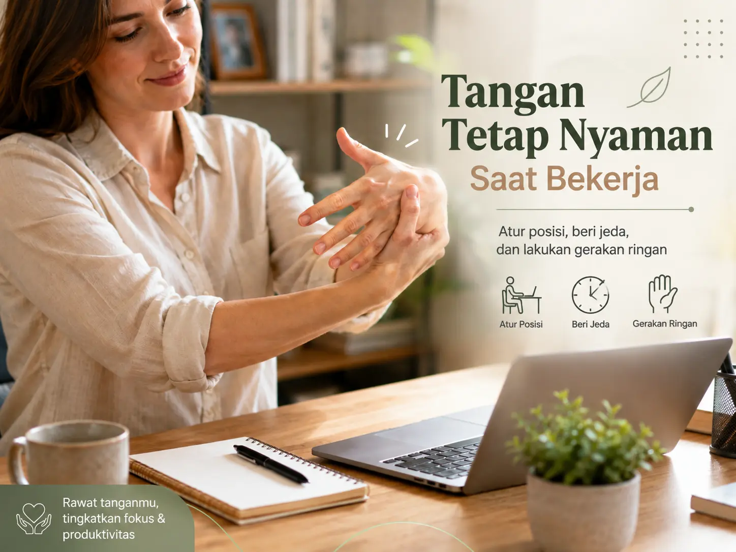 Cara menjaga tangan tetap nyaman saat banyak bekerja dengan posisi ergonomis, jeda kerja, dan gerakan ringan