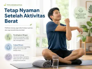 Cara menjaga tubuh tetap nyaman setelah aktivitas berat dengan pendinginan ringan, cukup minum, peregangan, dan istirahat