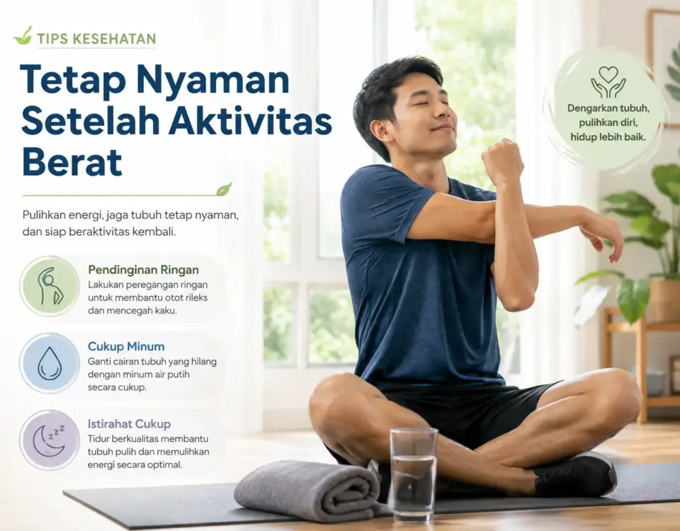 Cara menjaga tubuh tetap nyaman setelah aktivitas berat dengan pendinginan ringan, cukup minum, peregangan, dan istirahat