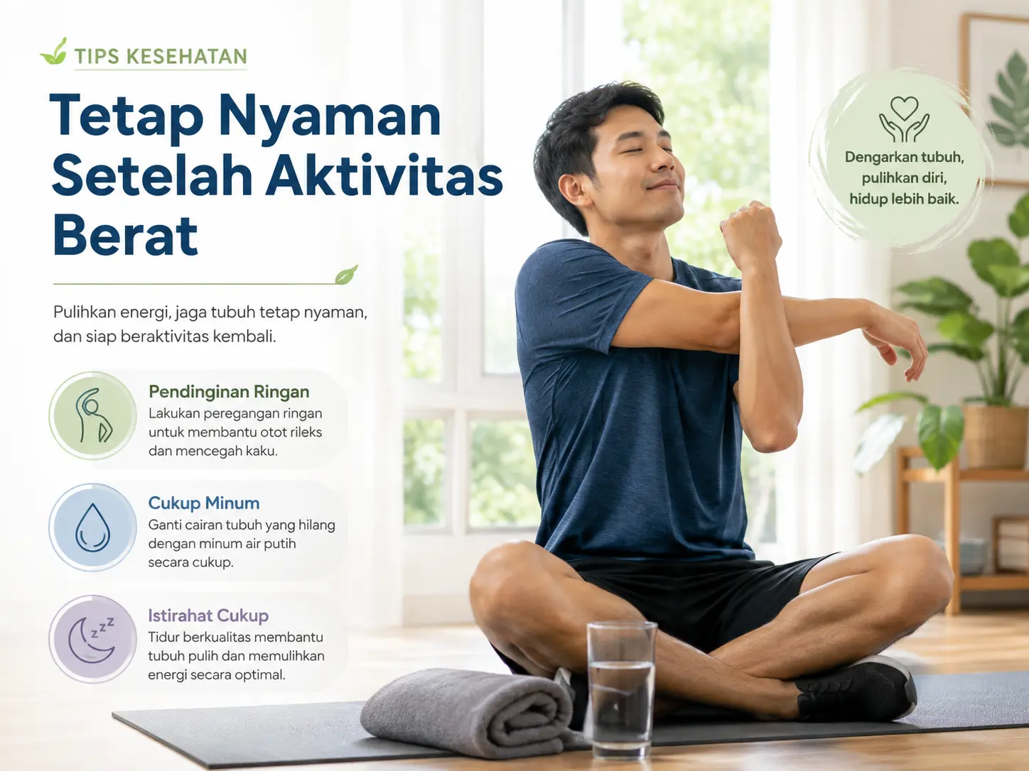 Cara menjaga tubuh tetap nyaman setelah aktivitas berat dengan pendinginan ringan, cukup minum, peregangan, dan istirahat