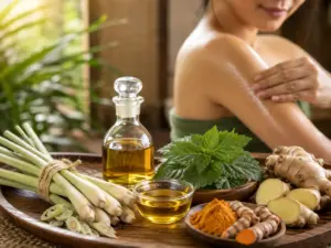 Herbal aromatik seperti sereh wangi, daun nilam, jahe, dan kunyit dengan minyak herbal untuk perawatan tubuh alami