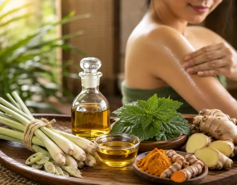 Herbal aromatik seperti sereh wangi, daun nilam, jahe, dan kunyit dengan minyak herbal untuk perawatan tubuh alami