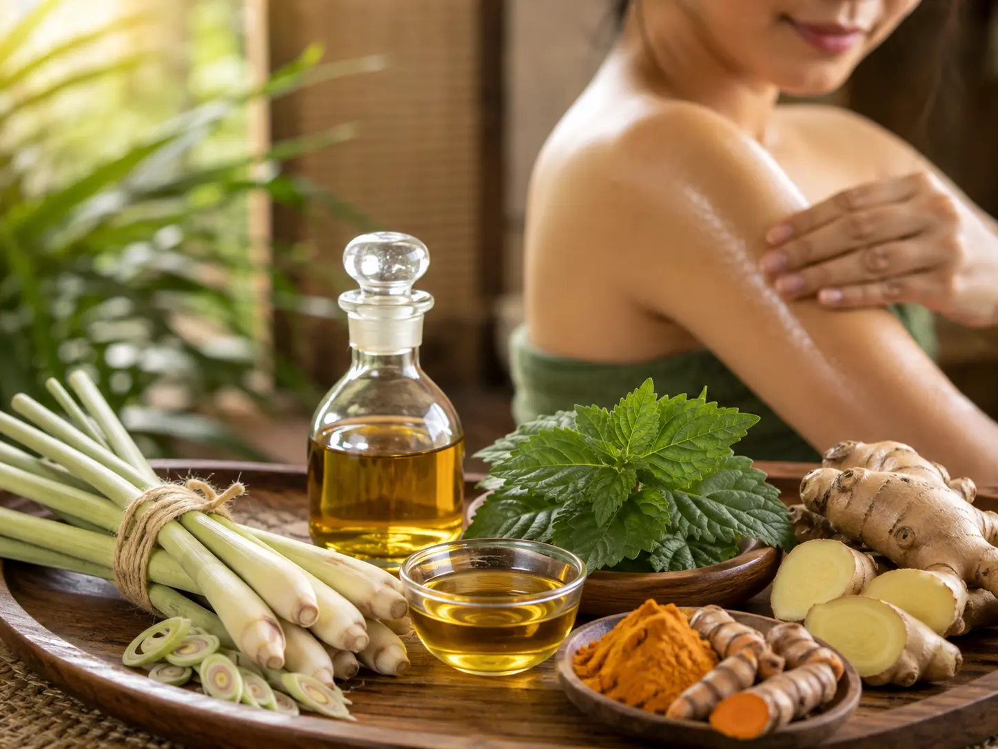 Herbal aromatik seperti sereh wangi, daun nilam, jahe, dan kunyit dengan minyak herbal untuk perawatan tubuh alami