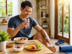 Pria memulai pagi dengan air putih, sarapan sehat, dan aktivitas ringan sebagai bagian pola hidup sehat untuk asam urat