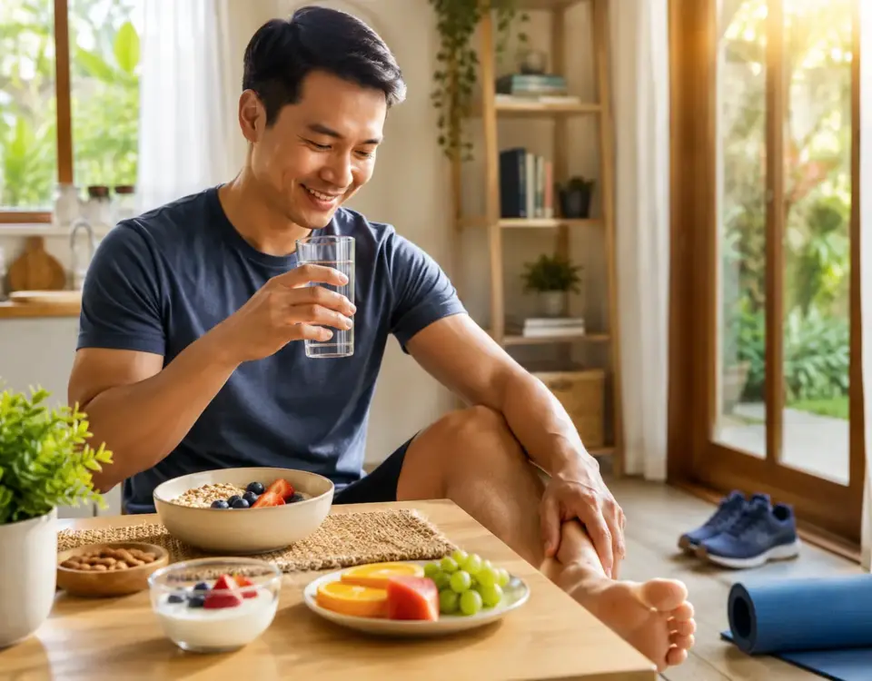 Pria memulai pagi dengan air putih, sarapan sehat, dan aktivitas ringan sebagai bagian pola hidup sehat untuk asam urat