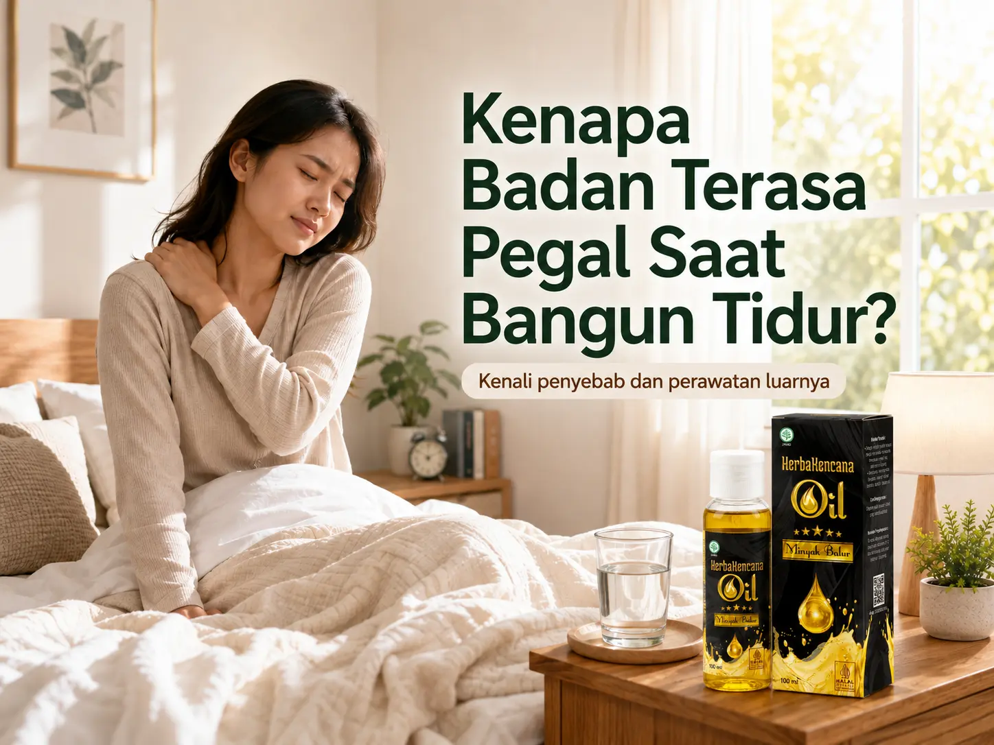 Wanita merasa badan pegal saat bangun tidur dengan Minyak Balur HerbaKencana sebagai perawatan luar