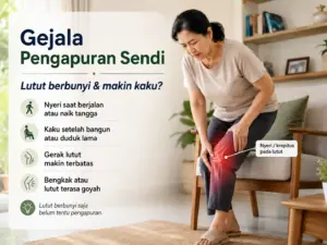 Wanita memegang lutut yang terasa nyeri dengan ilustrasi gejala pengapuran sendi seperti kaku, bengkak, dan gerak lutut terbatas