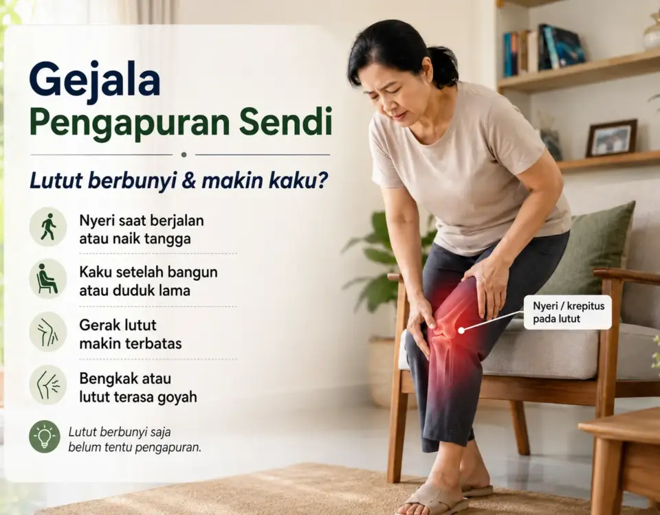 Wanita memegang lutut yang terasa nyeri dengan ilustrasi gejala pengapuran sendi seperti kaku, bengkak, dan gerak lutut terbatas