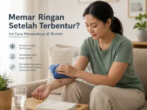Memar ringan setelah terbentur dirawat dengan kompres dingin berlapis kain, istirahat, dan pemantauan perubahan kondisi