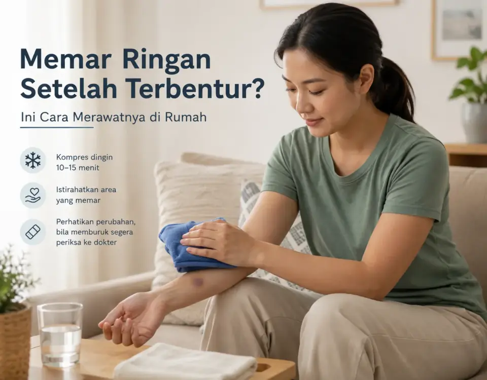 Memar ringan setelah terbentur dirawat dengan kompres dingin berlapis kain, istirahat, dan pemantauan perubahan kondisi
