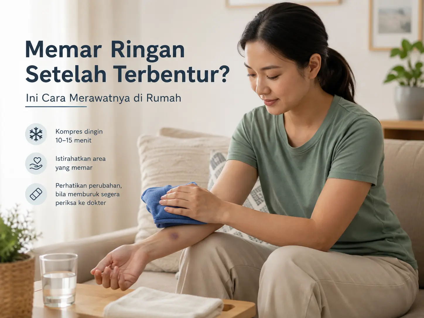 Memar ringan setelah terbentur dirawat dengan kompres dingin berlapis kain, istirahat, dan pemantauan perubahan kondisi