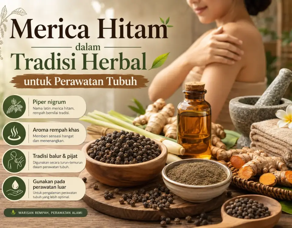 Merica hitam, minyak herbal, jahe, kunyit, dan serai untuk perawatan tubuh dalam tradisi herbal
