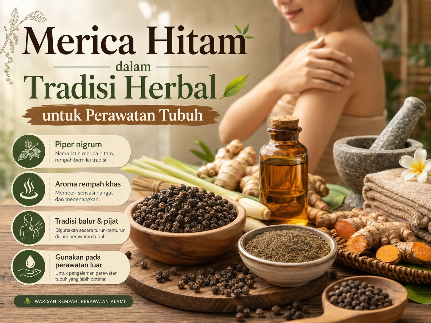 Merica hitam, minyak herbal, jahe, kunyit, dan serai untuk perawatan tubuh dalam tradisi herbal