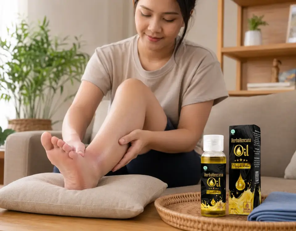 Minyak Balur HerbaKencana untuk bengkak ringan pada kaki setelah kondisi mulai stabil dan kulit tetap utuh