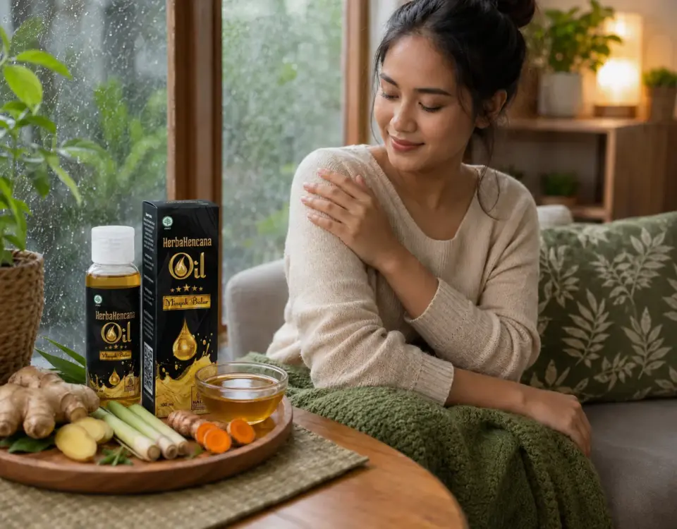 Minyak Balur HerbaKencana untuk cuaca dingin dengan bahan herbal dan perawatan bahu