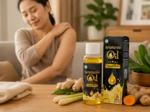 Minyak Balur HerbaKencana dengan jahe, kunyit, sereh, dan daun herbal di rumah, serta wanita memegang bahu setelah aktivitas sehari-hari