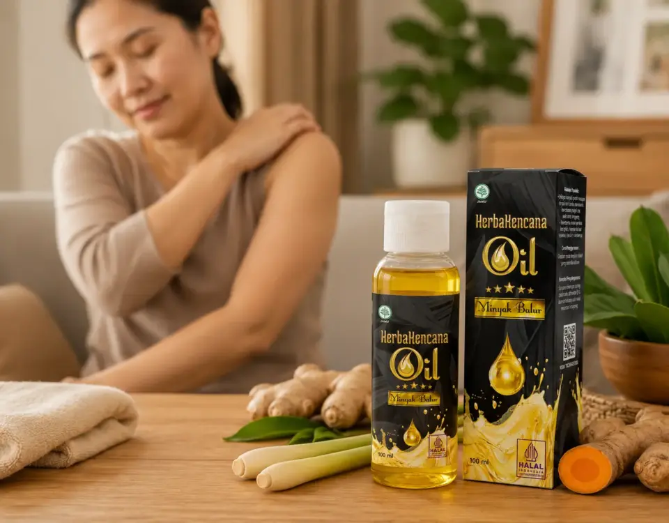 Minyak Balur HerbaKencana dengan jahe, kunyit, sereh, dan daun herbal di rumah, serta wanita memegang bahu setelah aktivitas sehari-hari