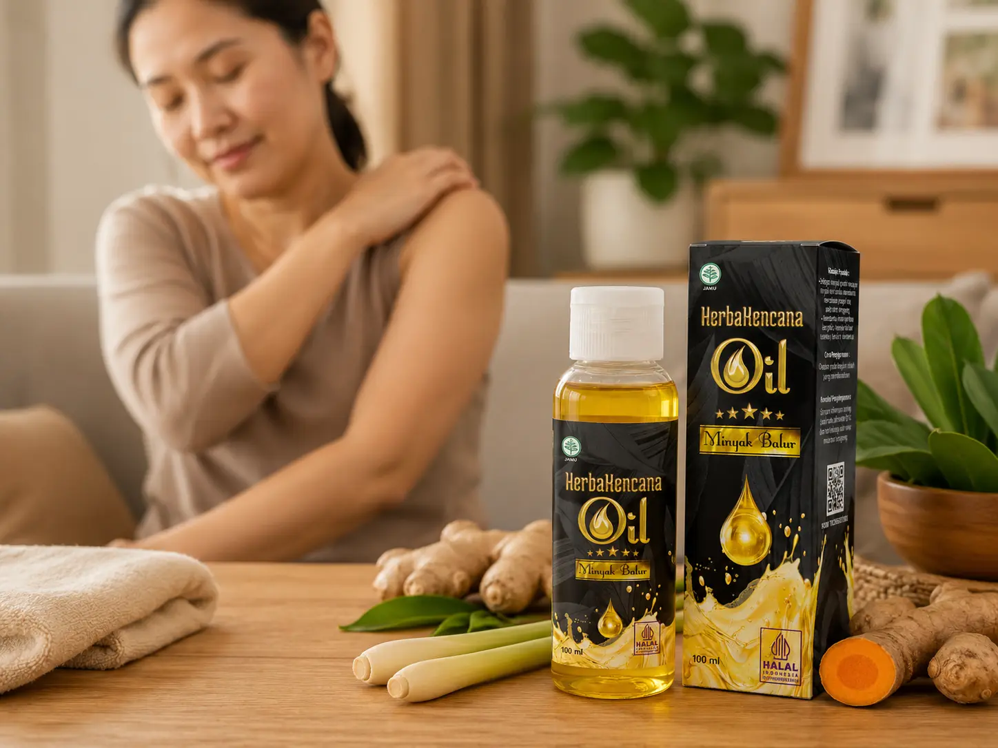 Minyak Balur HerbaKencana dengan jahe, kunyit, sereh, dan daun herbal di rumah, serta wanita memegang bahu setelah aktivitas sehari-hari