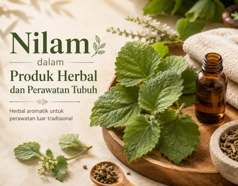 Nilam dalam produk herbal dan perawatan tubuh dengan daun nilam, minyak atsiri, dan perlengkapan perawatan luar tradisional