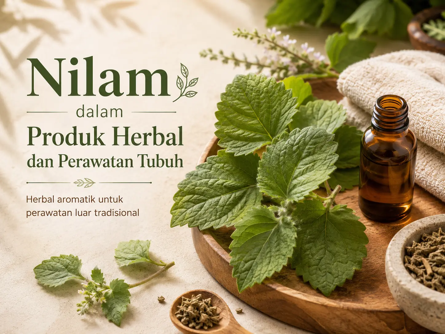 Nilam dalam produk herbal dan perawatan tubuh dengan daun nilam, minyak atsiri, dan perlengkapan perawatan luar tradisional