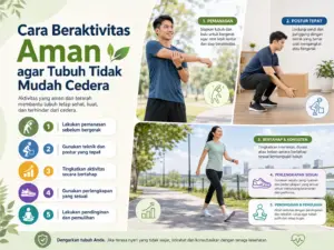 Cara beraktivitas aman agar tubuh tidak mudah cedera dengan pemanasan, postur tepat, peningkatan bertahap, perlengkapan sesuai, dan pemulihan