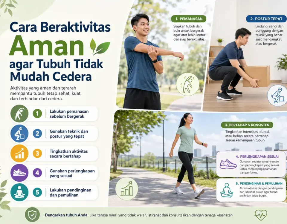 Cara beraktivitas aman agar tubuh tidak mudah cedera dengan pemanasan, postur tepat, peningkatan bertahap, perlengkapan sesuai, dan pemulihan