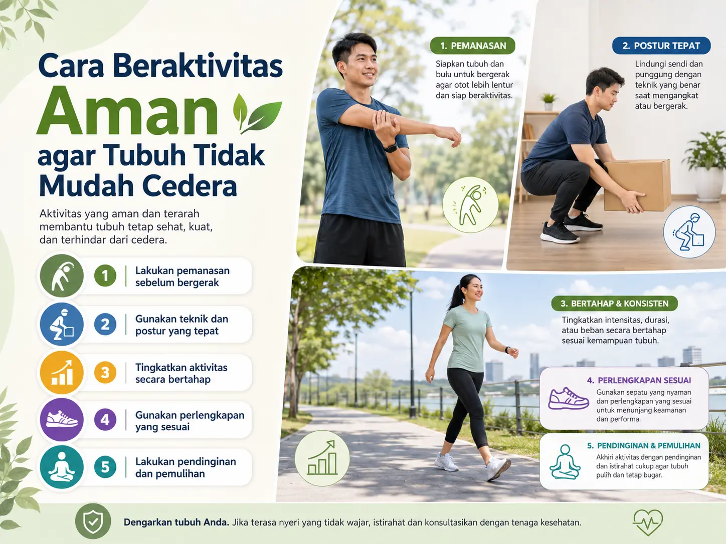 Cara beraktivitas aman agar tubuh tidak mudah cedera dengan pemanasan, postur tepat, peningkatan bertahap, perlengkapan sesuai, dan pemulihan