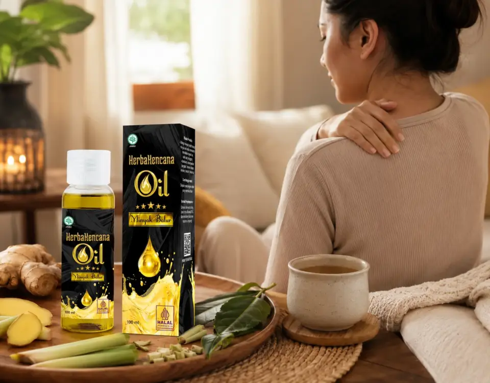 Wanita memegang bahu yang terasa kurang nyaman dengan Minyak Balur HerbaKencana, jahe, sereh, dan minuman hangat untuk perawatan luar saat masuk angin