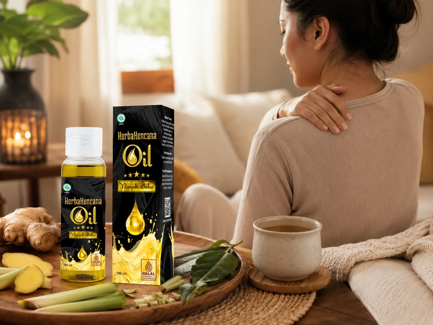 Wanita memegang bahu yang terasa kurang nyaman dengan Minyak Balur HerbaKencana, jahe, sereh, dan minuman hangat untuk perawatan luar saat masuk angin