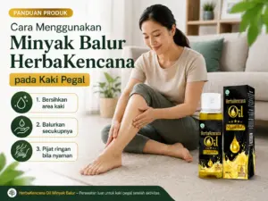 Cara menggunakan Minyak Balur HerbaKencana pada kaki pegal dengan membersihkan area kaki, membalurkan minyak secukupnya, dan melakukan pijat ringan